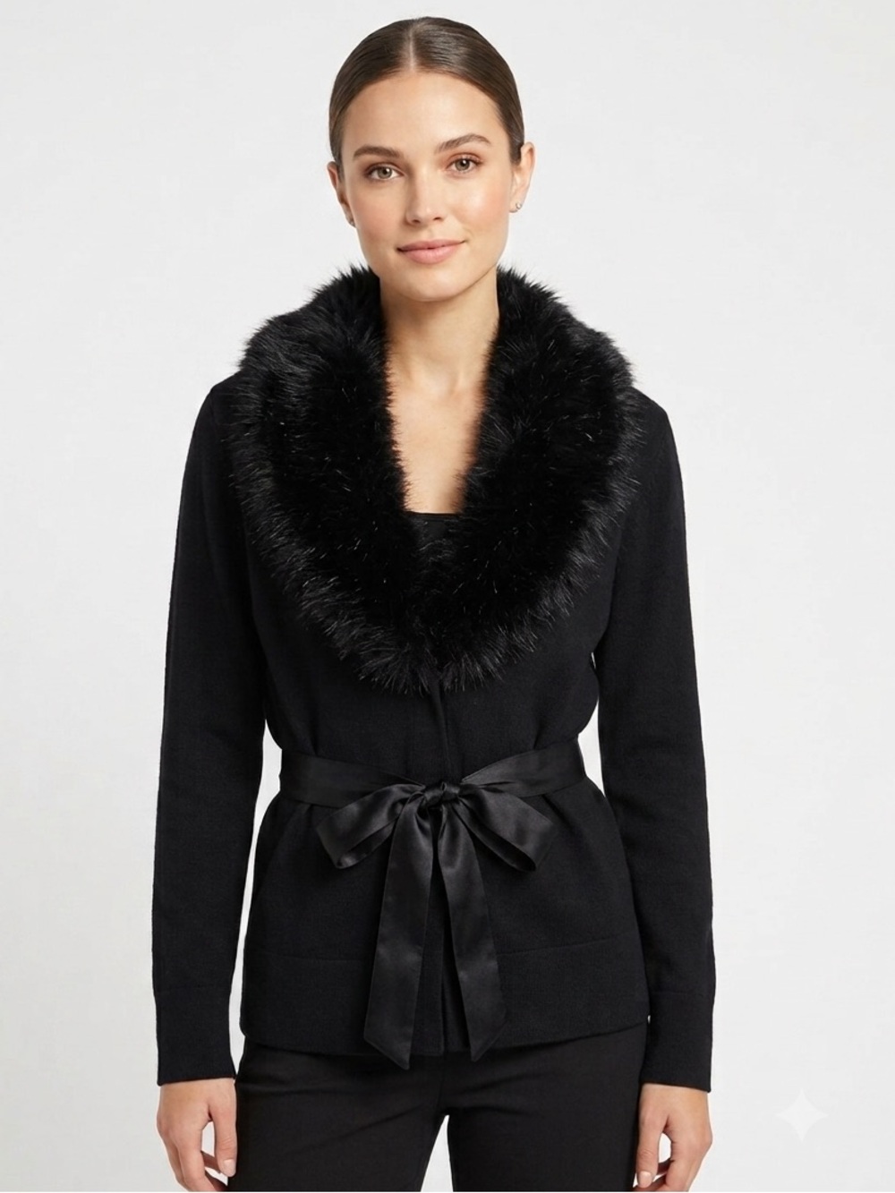 Y2K Style & Co Faux Fur Trim Satin Tie Waist Open Front Jacket Mobwife Winter MP - Picture 2 of 15